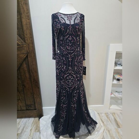 Pisarro Nights Beaded Illusion  Three-Quarter Sleeve Gown NWT sz 8 Navy Blue - Picture 2 of 5